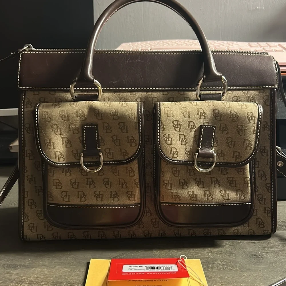 Dooney &‎ Bourke Double Pocket Tote - Signature Monogram Tan & Brown